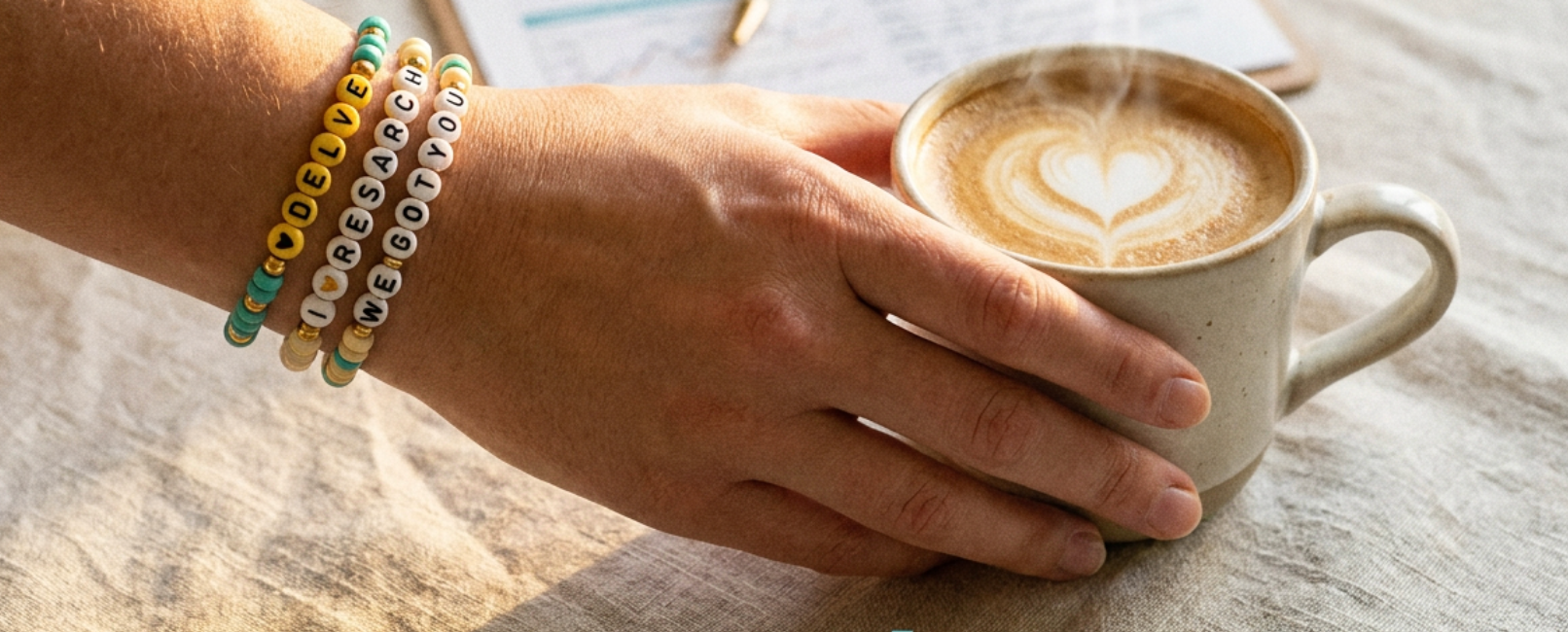 A coordinator’s hands around a coffee mug, wearing DELVE, I love RESEARCH and WE GOT YOU bracelets