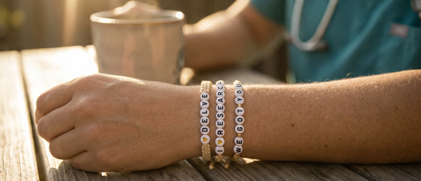 A clinician resting a wrist on a wooden table, wearing the three Let’s Be Friends bracelets
