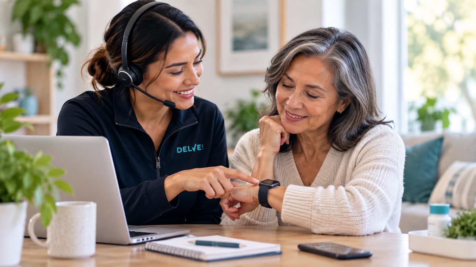 A Delve Health concierge wearing a headset helps a clinical trial participant with her wearable device at home
