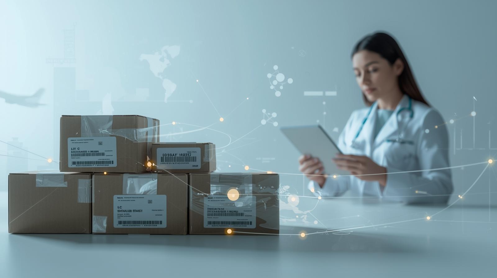 Abstract visualization representing kits, shipments, and chain-of-custody for remote study logistics